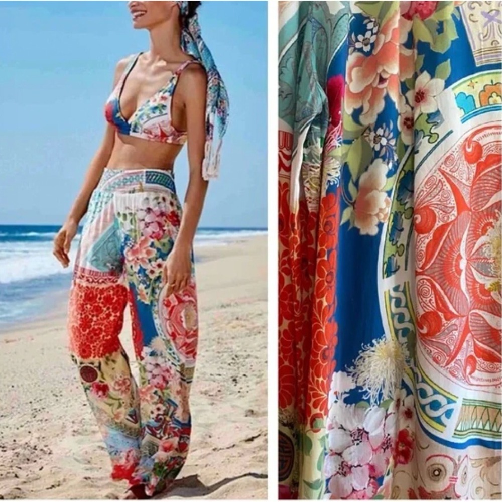 JOHNNY WAS Colorful Patchwork Boho Floral Wide Leg Pants Size Large